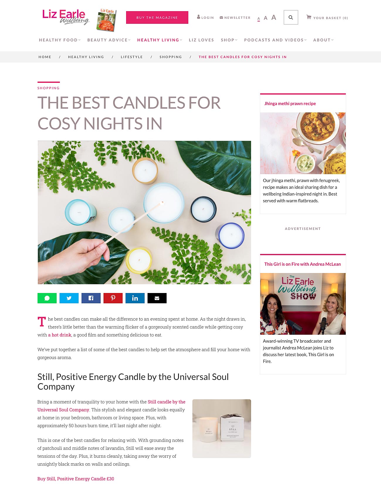 STILL POSITIVE ENERGY CANDLE IS VOTED THE BEST CANDLE FOR A COSY NIGHT IN BY LIZ EARLE WELLBEING ARTICLE