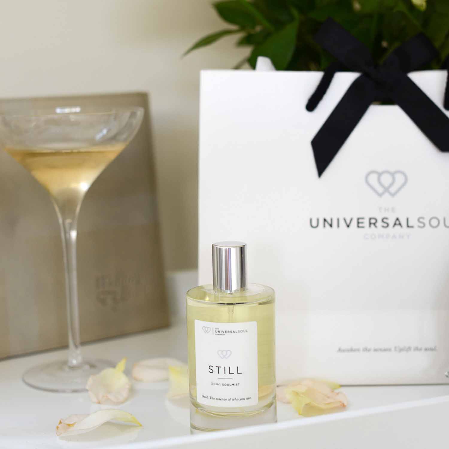Valentines:Wedding 30cl STILL Soul Mist, champagne and gift bag - The Universal Soul Company 1500px